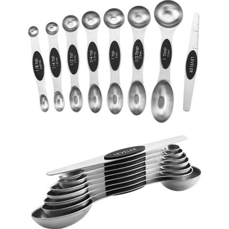 Set di 8 cucchiai dosatori magnetici in acciaio inossidabile, cucchiai dosatori a doppia faccia, cucchiaini da tè in metallo a doppia faccia, cucchiai dosatori, aiutanti da cucina, impilabili (1/5)