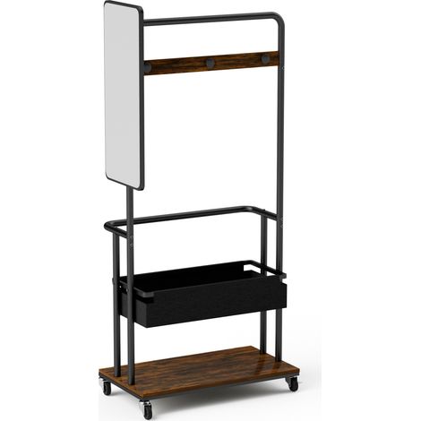 Mobiler Metall-Kleiderständer mit Rollen, Spiegel und Korb, 70 x 40 x 170 cm, schwarz/braun (1/5)
