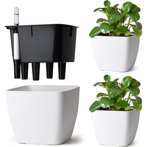 Lot de 3 Pots Auto-Arrosants 17,5 cm Carrés avec Indicateur, Pot de Fleur Interieur pour Débutants et Personnes Occupées, Pot de Fleur pour Lierre et Pothos, Usage Intérieur et Extérieur (Blanc)