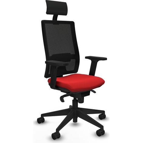 Horna sincro malla negra similpiel rojo brazos 2D base piramidal cabecero fijo ruedas 65mm nailon (1/5)