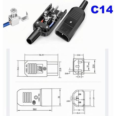 IEC 320 C14 AC Plug Adapter IEC C14 3 Pin Plug (Black) (1/3)