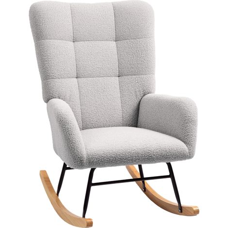 Fauteuil à bascule avec accoudoirs, aspect velours peluche, fauteuil inclinable avec patins en bois, fauteuil à bascule, fauteuil d'allaitement pour chambre ou salon, gris clair