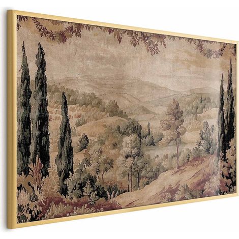 Poster – Mediterrane Landschaft – alter Wandteppich mit Hügel und See (1/4)