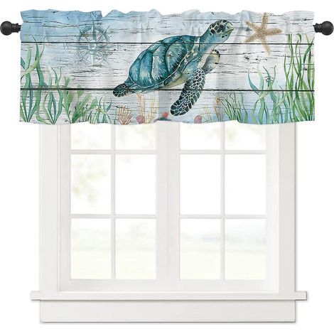 1 Piece (54x18in) Underwater Coastal Beach Marine Animal Window Valance Curtains Turtle And Coral Rustic Wooden Board Short Curtains Kitchen Livin (1/5)
