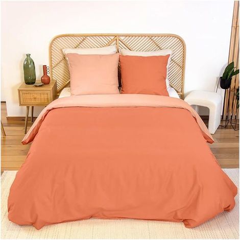 Parure de lit - CÔTÉ DÉCO - 220x240 cm - 100% coton - Bicolore uni orange - Passe-mains & boutons (1/5)