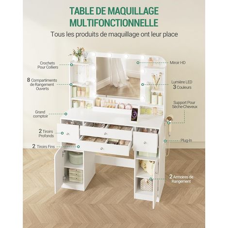 Coiffeuse enfant avec éclairage LED – Grand plateau 108 cm – 2 tiroirs et rangement pour bijoux – Prise et support pour sèche-cheveux — vue 3