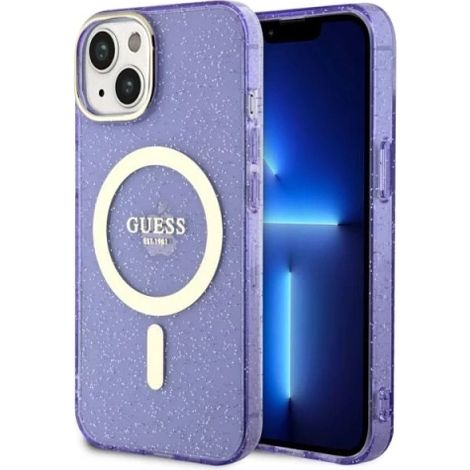 Coque rigide violette/violette à paillettes dorées pour iPhone 14 Plus/15 Plus 6,7" Guess GUHMP14MHCMCGU avec MagSafe (1/5)
