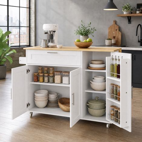 Chariot de cuisine 132,5/44(70)/90 cm blanc/naturel avec plateau rabattable et 5 roulettes (1/5)