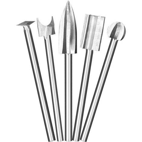 Lot de 5 fraises à bois compatibles avec outil rotatif Dremel - Lot de 5 couteaux de sculpture sur bois - Avec tige de 1/8" - Pour bricolage, sculpture, gravure, microcarving (1/5)