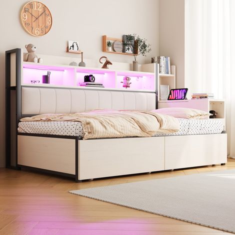 Lit combiné 90x200 cm en métal blanc avec LED, prises, tiroirs, casiers et bureau coulissant (1/5)