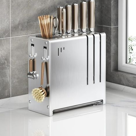 Edelstahl-Messerhalter für die Küche mit Essstäbchenzylinder – Multifunktions-Organizer 22,5 x 11 x 24 cm