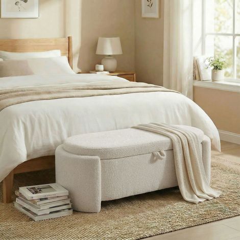 Banc rangement bout lit ovale polaire teddy assise large crème 129x48,5x44 cm