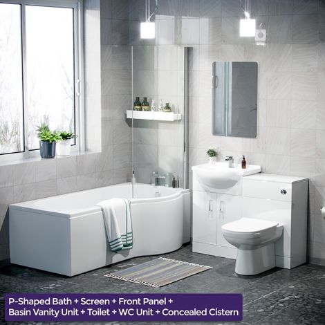 Warton P-Shaped Right Handed Bath, 550mm Vanity Basin Unit, WC Unit and Curved BTW Toilet Suite White (1/5)