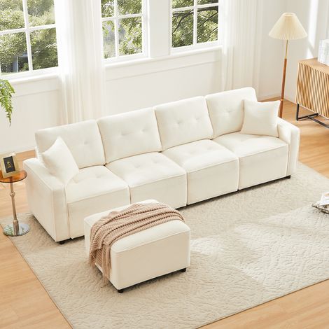 Canapé droit 4 places velours côtelé beige avec rangement sous assise et pouf modulable (1/5)
