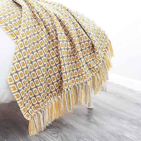 Couverture bohème pied-de-poule tricotée avec pompons - Jeté de canapé doux et chaud et couvre-lit décoratif (1/5)