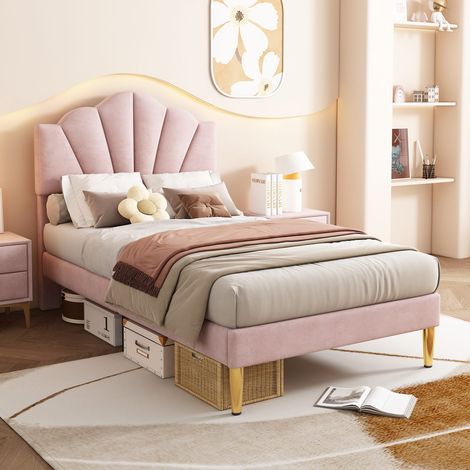 Lit simple 90 x 200 cm en velours rose design coquillage pieds métal doré tête réglable sommier lattes (1/5)