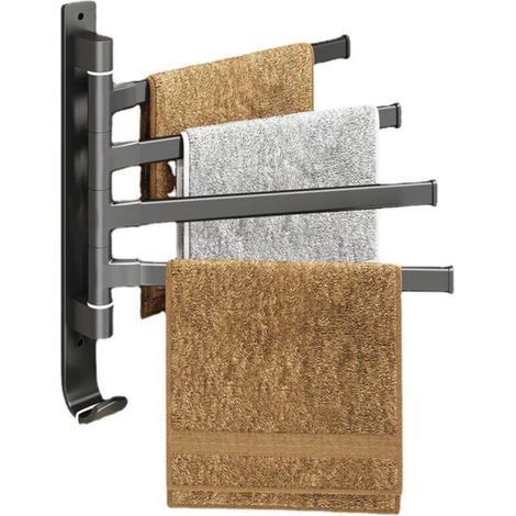 Drehbarer Handtuchhalter fürs Badezimmer, kein Bohren erforderlich, Aufbewahrungsregal aus Aluminium mit Haken, Handtuchhalter fürs Badezimmer, Handtuchstange (Schwarz, 4 Stangen) (1/4)