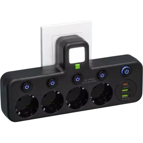 5-fach Steckdosenleiste mit 4 EU-Steckdosen, 2 USB-Anschlüssen, 1 USB-C-Anschluss, Einzelschaltern (4p + USB Schwarz) (1/5)