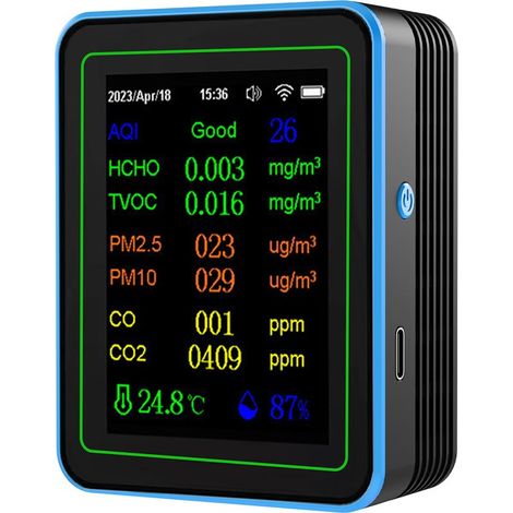 Détecteur de qualité de l'air WiFi 12 en 1, dioxyde de carbone avec affichage de l'heure/date AQI PM2.5 PM10 HCHO TVOC CO CO2 Testeur de température et d'humidité pour bureau, école. (1/5)
