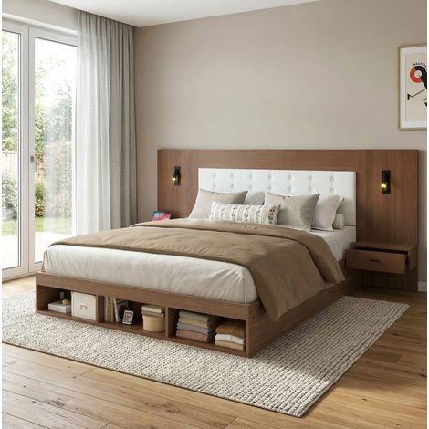 DESVIAE Lit double avec rangement 180 x 200 cm avec station de charge USB et Type C liseuses orientables 360 degrés 2 tables de chevet rangement ouvert en MDF noyer (1/5)