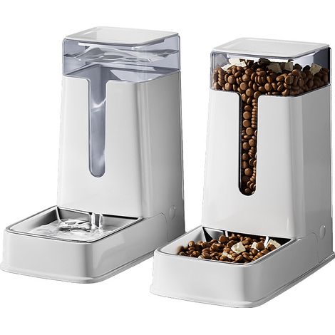 Set de Distributeur d'aliment et de Distributeur d'eau pour Chats et Chiens avec Bols en Acier Inoxydable, Distributeur d'alimentation par gravité pour Chiens et Chats, 3,5L x 2,Blanc (1/5)