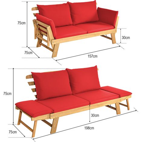 Canapé-lit de jardin rouge en bois d acacia 198 x 75 x 75 cm avec accoudoirs réglables et coussins pour terrasse, balcon et jardin (1/5)