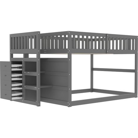 Letto a castello basso 140 x 200 cm con scala contenitore e sponde alte in legno grigio MODENUIT (1/5)