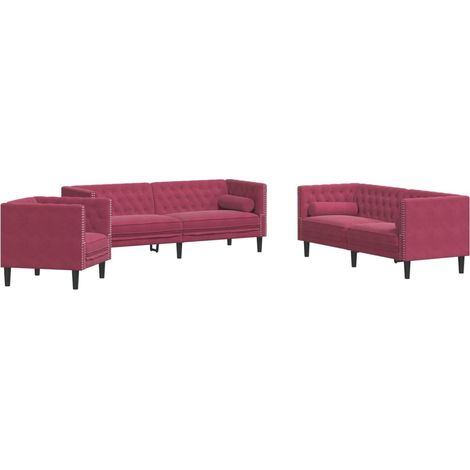 Maison Exclusive - Set Divani Chesterfield 3pz con Cuscini Rosso Vino Velluto