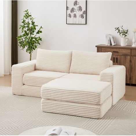 Schlafsofa modular 2-in-1 in Beige aus Cord, mit beweglicher Fußstütze und klassischen Armlehnen,194x243x53 cm (1/5)