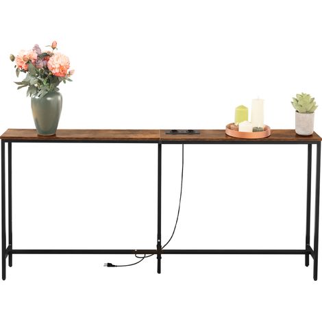 Furniturer – Console industrielle 180 x 20 x 80 cm – 2 ports USB et prises – Finition marron rustique pour couloir et salon (1/5)