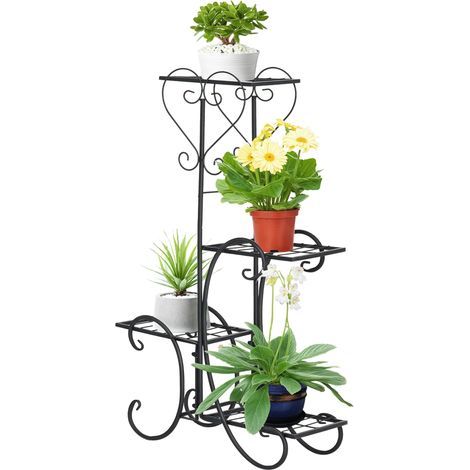 Support à fleurs en métal, étagère à plantes à 4 niveaux, échelle à fleurs, support à fleurs pour l'intérieur et l'extérieur, jardin, balcon, noir, 45 x 24,5 x 80 cm (1/5)