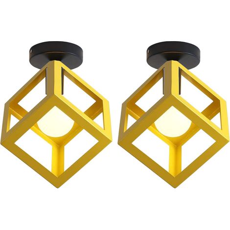 Plafonnier Cubique Moderne, Style Rétro, Abat-Jour Métallique, Longueur 16 cm, Ampoule E27, Jaune, 2PCS (1/5)