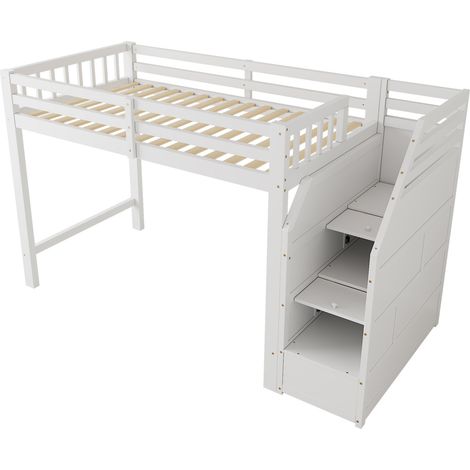 Letto a castello 90x200 cm in pino bianco con scala contenitore e sponde (1/5)