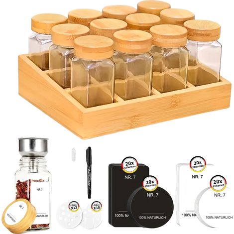 Ensemble de bocaux à épices, support en bambou, bocaux en verre hermétiques, 12PCS (1/2)