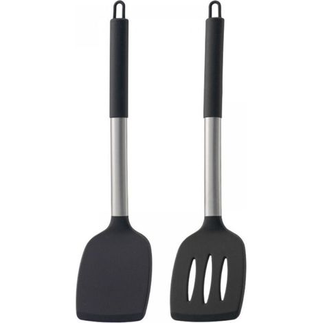 Ensemble de deux ustensiles de cuisine en silicone, comprenant des manches creux en acier inoxydable, une spatule pour wok et une spatule à frire, résistants à la chaleur.