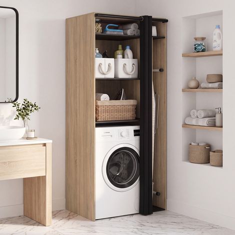 Mueble lavadora con cortina corredera y tabla de planchar WALLIS en acabado haya y negro (1/5)