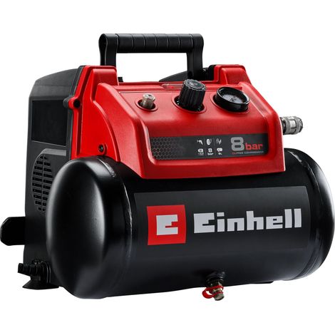 Einhell Kompressor TC-AC 190/6/8 (1,2 kW, max. 8 bar, 190 L/min Ansaugleistung, 6 Liter Tank, ölfreie Pumpe, Manometer, Schnellkupplung)