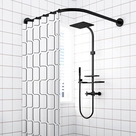 Barre de Douche Extensible Angle L, Noir Fixation Murale sans Percer, Tringle à Rideaux de Douche Angle70 to 95cm x 70 to 95cm (1/5)