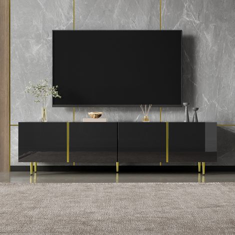 Meuble TV 170 cm noir brillant avec accents dorés et 4 portes à fermeture amortie meuble télé avec rangement pour salon (1/5)