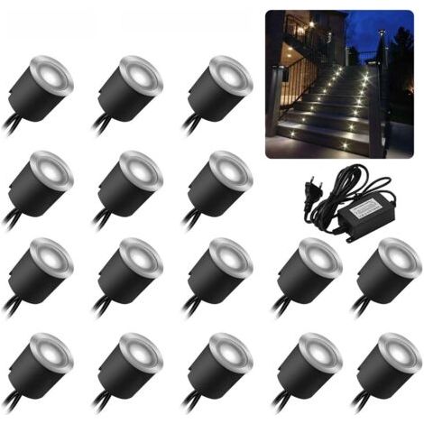 QORVA-Lot de 16 spots LED encastrables au sol – Étanchéité IP67 – 0,6 W – Ø32 mm – 4000 K blanc – 12 V – Installation facile sur béton et bois