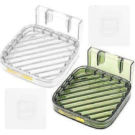 Lot de 2 porte-savons avec égouttoir, 8 x 10,5 x 5 cm, fixation murale, sans perçage, pour lavabo de douche, porte-savon adhésif pour salle de bain (1/5)