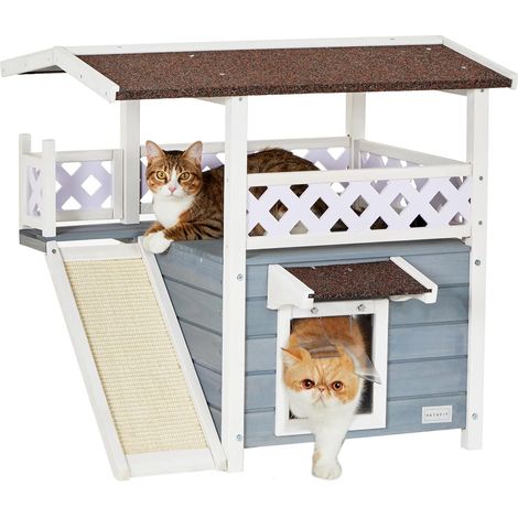 Cat House Outdoor Wooden Kennel Outdoor Cat Kennel with Asphalt Roof Winter Resistant Outdoor Cat House with Scratching Post for Cat (1/5)