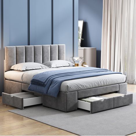 Letto imbottito in velluto grigio 140x200 cm con rete a doghe inclusa, testiera regolabile e 4 cassetti (1/5)