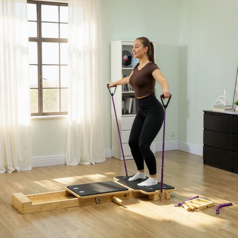 Appareil de Pilates Reformer multifonctionnel avec bandes de résistance et poignées pour une utilisation à domicile ou en extérieur. (1/5)