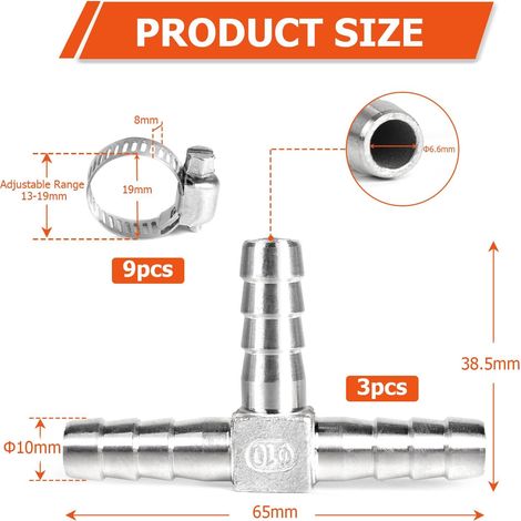 Ensemble de 3 Pièces Raccord de Tuyau de Carburant 10mm, Connecteur en T à Trois Voies SUS 304, Raccord de Tuyau avec 9 Colliers, Connecteur Pneumatique, Adaptateur pour Carburant, Gaz, Eau (1/4)