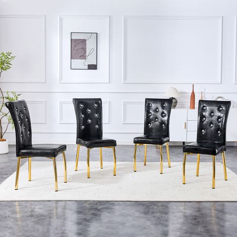 Ensemble de 4 chaises salle à manger rétro en similicuir effet crocodile, boucle cristal, pieds métal doré – élégance et mystère (1/4)