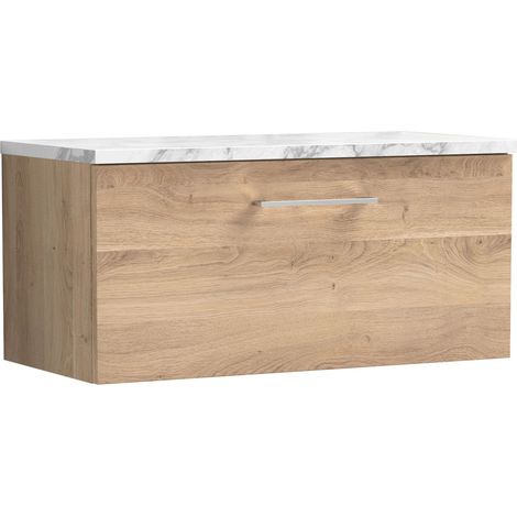 Nuie Arno Wall Hung 1-Drawer Vanity Unit with Carrera Marble Worktop 800mm Wide - Bleached Oak (1/4)