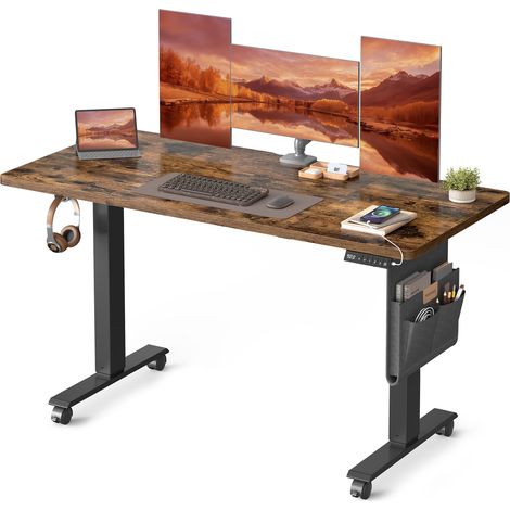 Bureau Assis-Debout, Bureau Électrique Réglable en Hauteur, 60 x 140 x (72-120) cm, Réglage en Continu, Fonction Mémoire 4 Hauteurs, Marron Rustique (1/5)