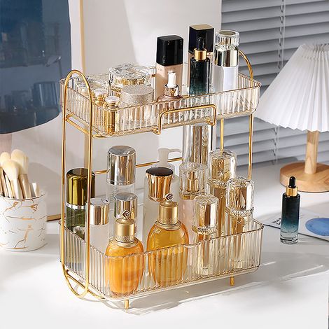 Étagère de rangement pour produits cosmétiques de salle de bain, boîte de rangement, étagère de coiffeuse double niveau pour bureau, étagère de rangement et d'organisation pour chambre à coucher, coul (1/4)