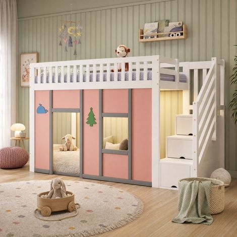 Kinder-Hochbett 90x200 cm aus Holz in Weiß und Rosa mit LED, platzsparend, ohne Matratze (1/5)
